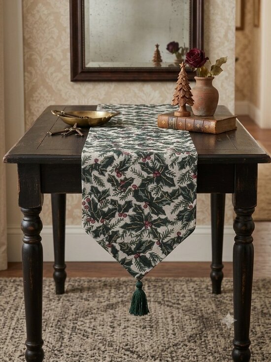 Other - Vintage Victorian Holly Tapestry Table Runner Dark Forest Green Tassels 68x12